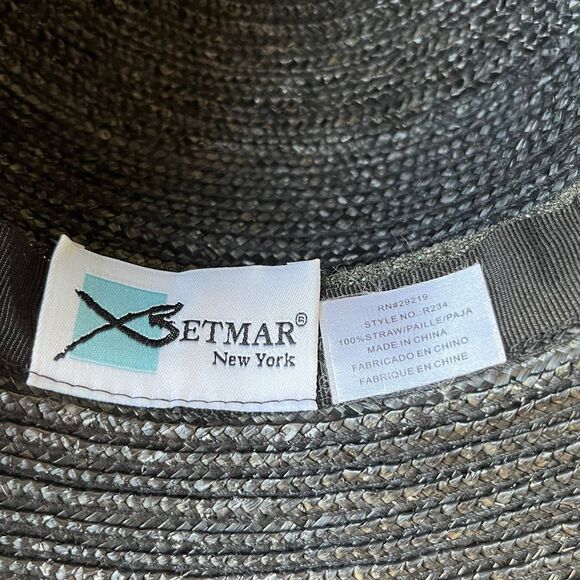 Betmar New York Black Straw Hat Wide Brim Rose Accent Church Derby Tea - Picture 2 of 13